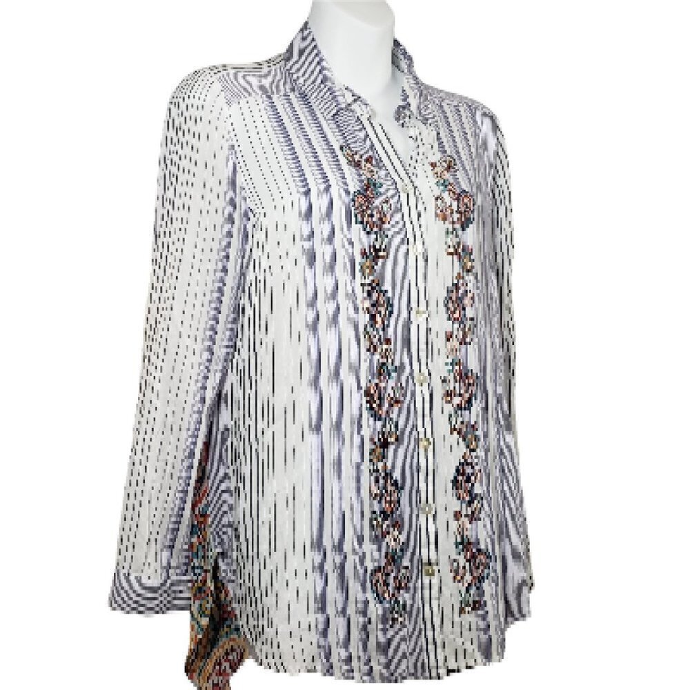 Chicos Women Striped Sheer Paisley Back Long Top Sz M